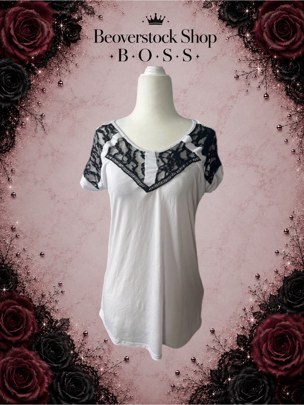 preowned Blu Planet White & Black Lace Detail Short Sleeve Top Size Small